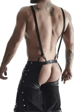 Bermuda Short mit Hosenträgern und seitlicher Beinschnürung und aufklapbarem Hinterteil schwarz