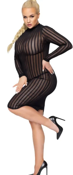 Curvy Langarm-Kleid Plus Size Streifendesign Knielang