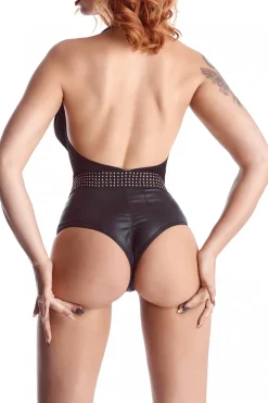 dehnbarer Body aus feinstem Mesh und Wetlook mit elegantem Dekolleté und Goldapplikationen mit Po-Up Funktion