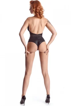 dehnbarer Body aus feinstem Mesh und Wetlook mit elegantem Dekolleté und Goldapplikationen mit Po-Up Funktion