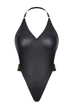 dehnbarer Body mit offenem Rücken und elastischen Bändern mit Goldapplikationen