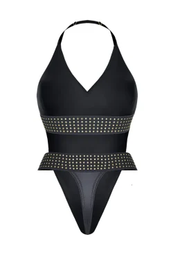 dehnbarer Body mit offenem Rücken und elastischen Bändern mit Goldapplikationen