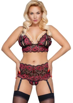 Dessous Set aus Blütenspitze schwarz-rot