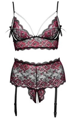 Dessous Set aus Blütenspitze schwarz-rot