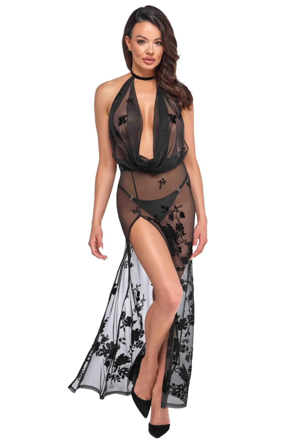 Elegantes Maxikleid aus Netzstoff mit Samtdruck