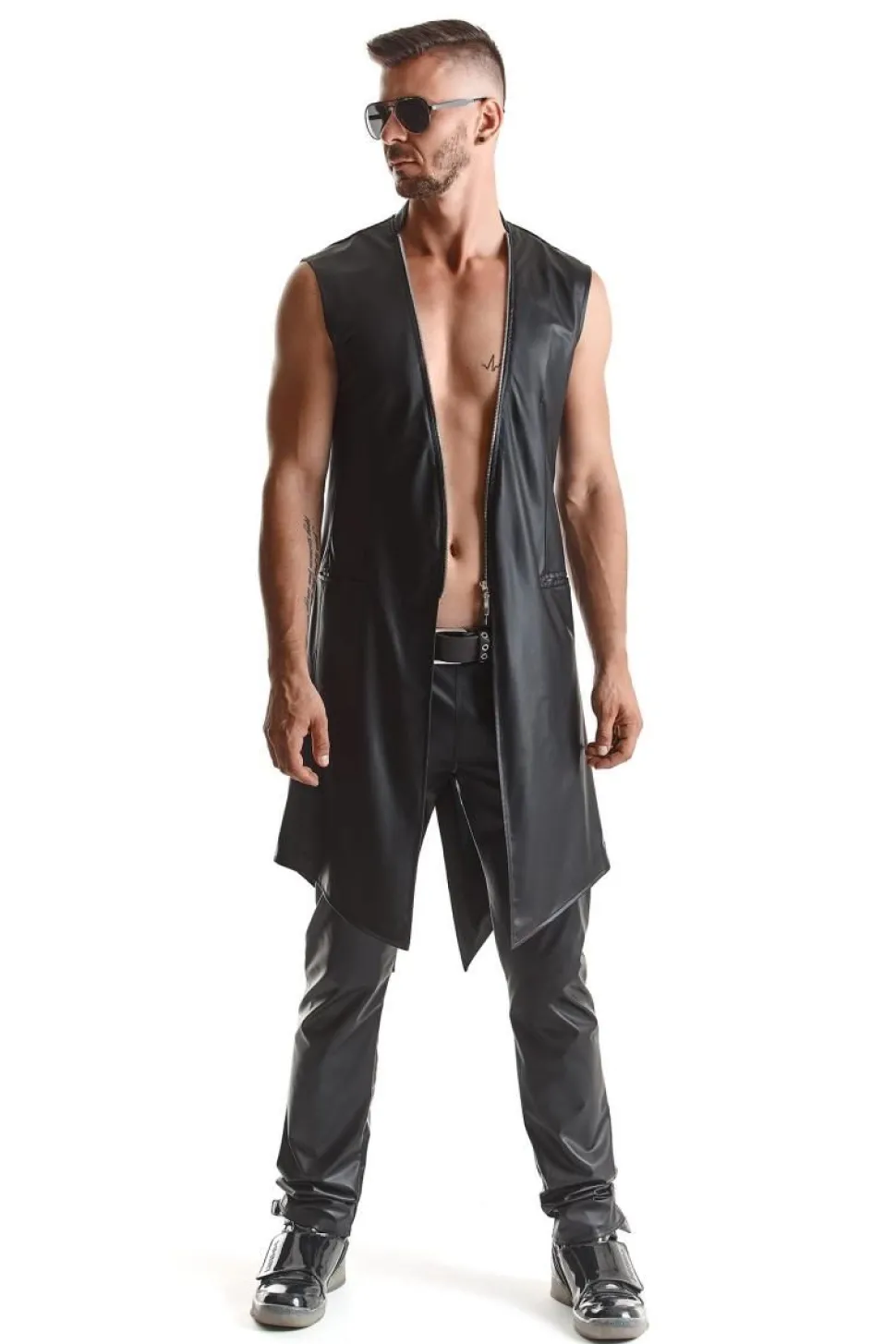 Halblanger Wetllook Herren Mantel schwarz