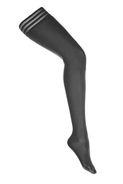 Halterlose Strümpfe mit Streifen im Wetlook in schwarz