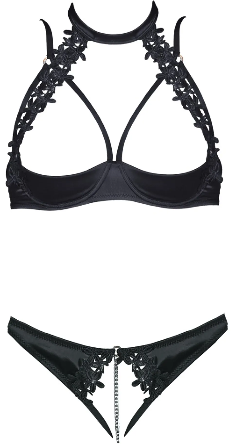 Hebe Set mit String ouvert und Kette schwarz