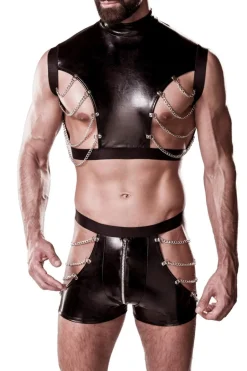 Herren Clubwear-Set aus Lederimitat mit Chaps in Shortlänge und Ketten