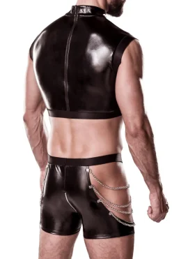 Herren Clubwear-Set aus Lederimitat mit Chaps in Shortlänge und Ketten