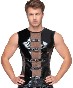 Herren Shirt aus Lack und Mesh mit Schnallen