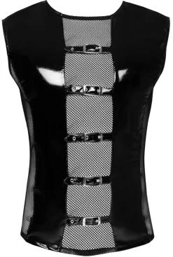Herren Shirt aus Lack und Mesh mit Schnallen