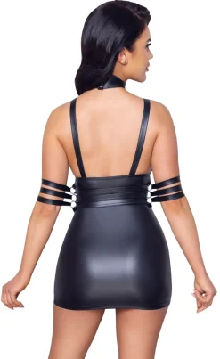 Kurzes Minikleid im edlen Mattlook mit 4 Fesselriemen und abnehmbarem Halsband mit Brustgurt