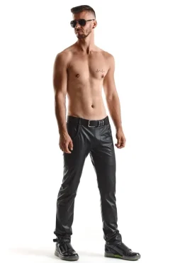 Lange Wetlook Herren Hose schwarz
