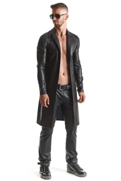 Langer Wetlook Herrenmantel Clubwear Lederimitatmantel