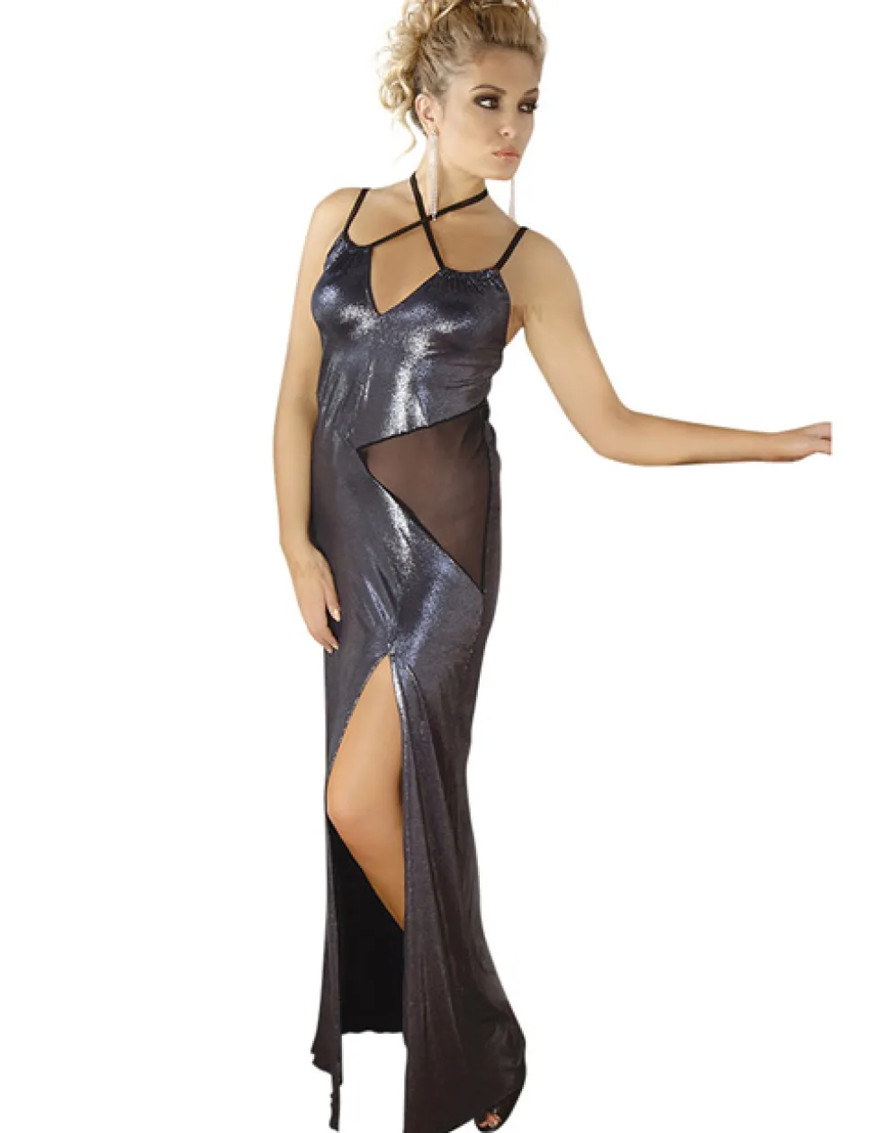 langes Wetlook-Kleid M/1069 silber