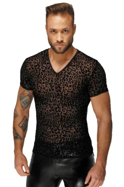 Leopard Netz-Shirt in schwarz mit V-Ausschnitt