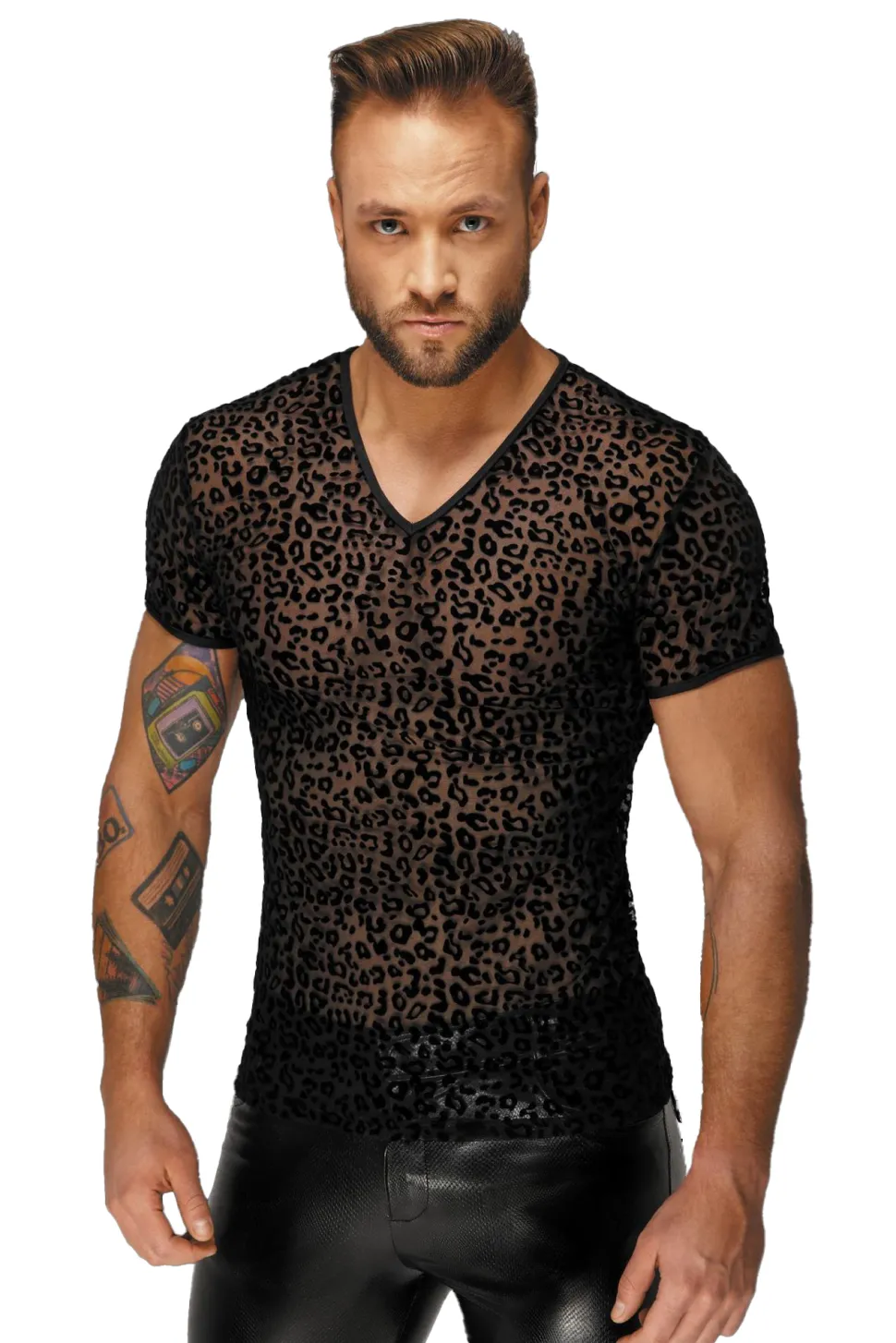 Leopard Netz-Shirt in schwarz mit V-Ausschnitt