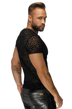 Leopard Netz-Shirt in schwarz mit V-Ausschnitt