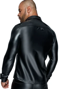 MissBehaved Collection-Langärmliges Powerwetlook & PVC Shirt mit Knopfleiste H064 schwarz