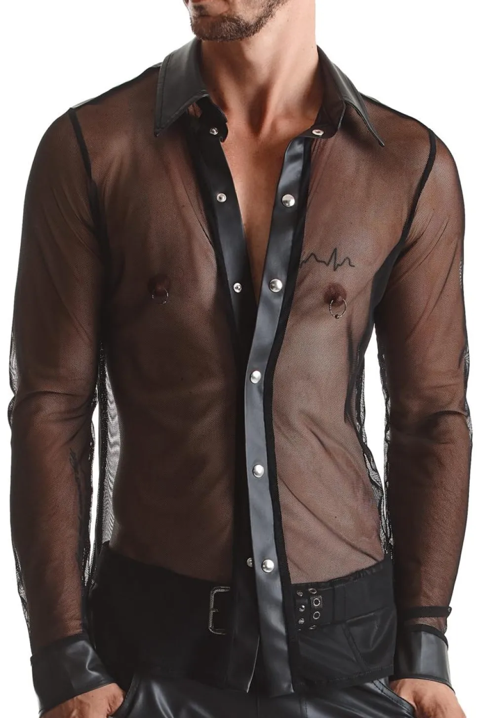 Netz-Wetlook Hemd Stehkragen Slim-Fit