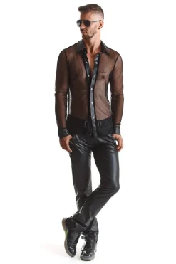 Netz-Wetlook Hemd Stehkragen Slim-Fit