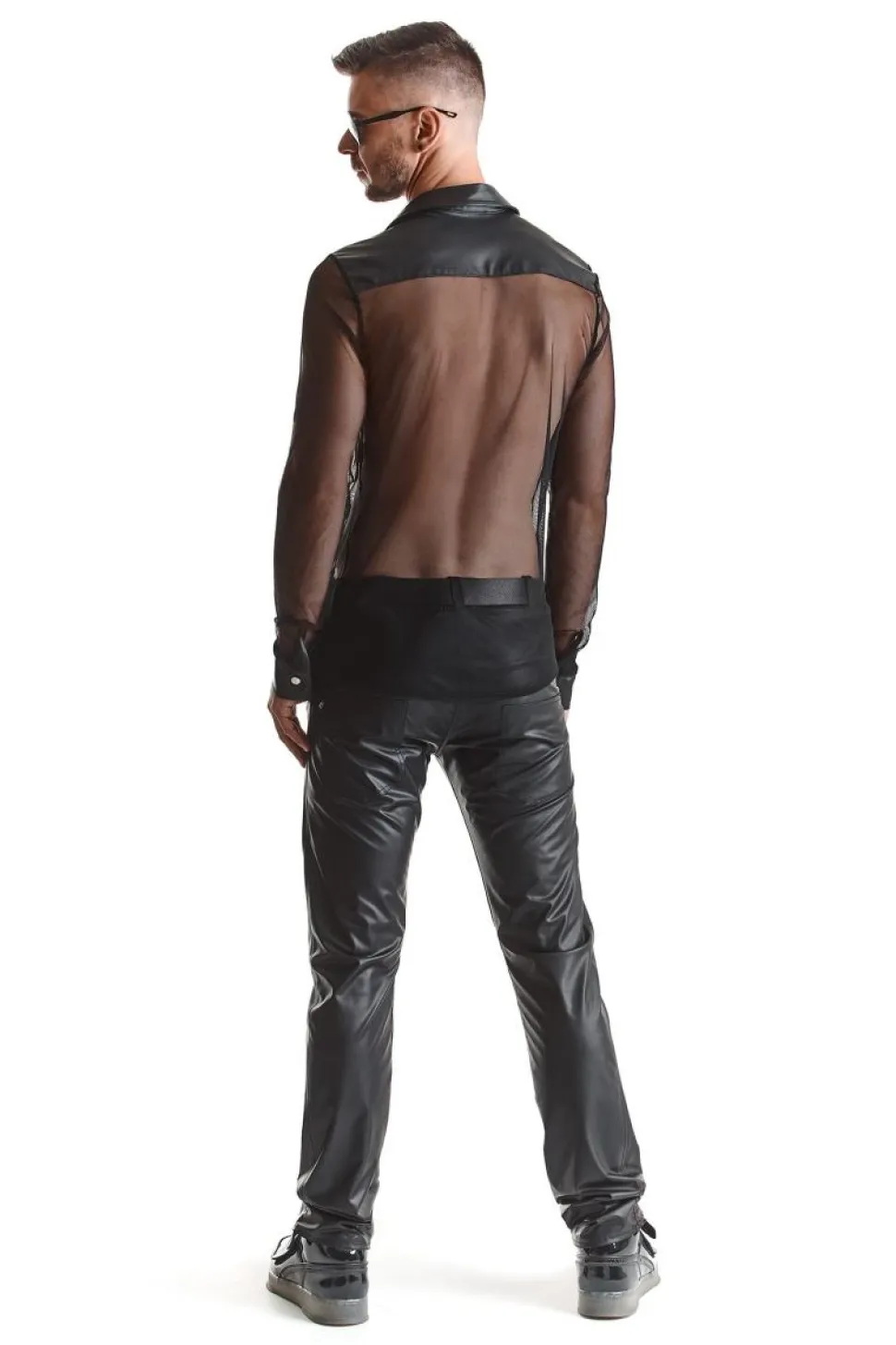 Netz-Wetlook Hemd Stehkragen Slim-Fit