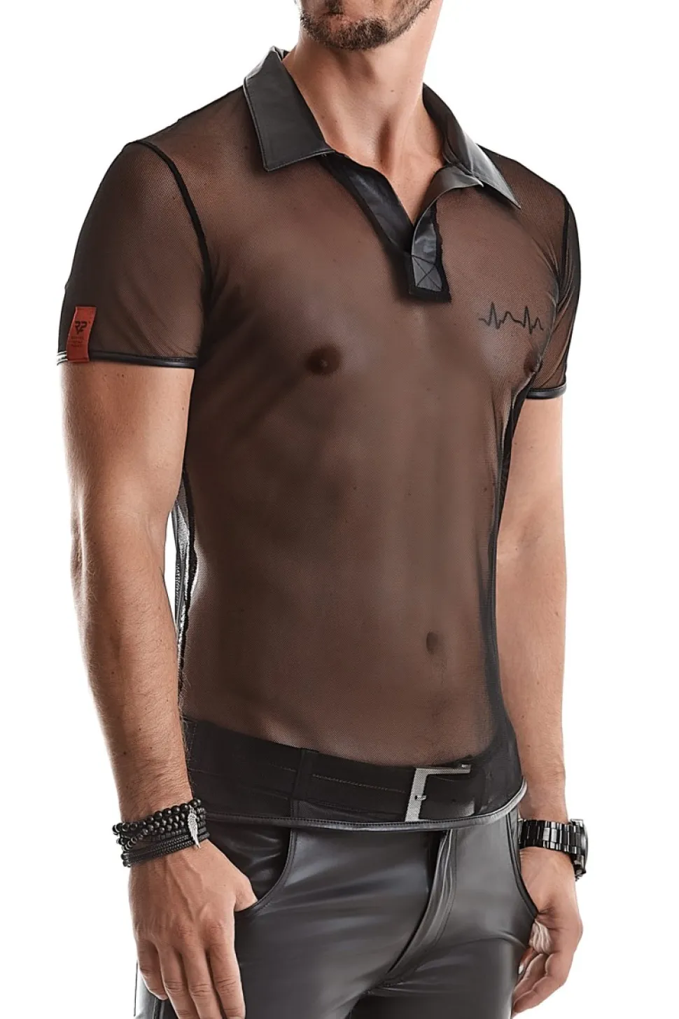 Polo Shirt aus elastischem Mesh Wetlook Kragen Steppnähte