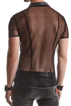 Polo Shirt aus elastischem Mesh Wetlook Kragen Steppnähte