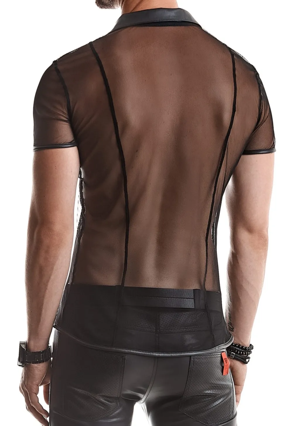 Polo Shirt aus elastischem Mesh Wetlook Kragen Steppnähte