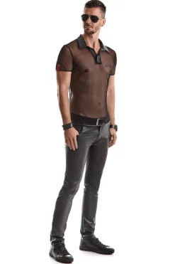 Polo Shirt aus elastischem Mesh Wetlook Kragen Steppnähte