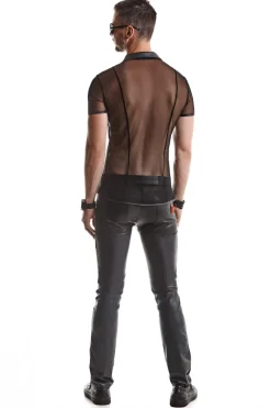 Polo Shirt aus elastischem Mesh Wetlook Kragen Steppnähte