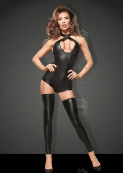 Powerwetlook Body mit Spitzen-Ausschnitt F169 schwarz