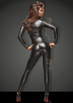 Powerwetlook Overall mit Leine und Zwei Wege Zipper F162 schwarz