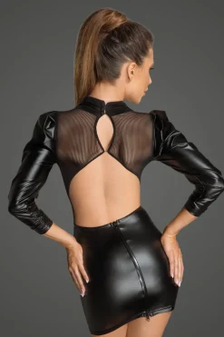 Powerwetlook- und Tüllkleid mit bauschigen Retro-Glamour-Ärmeln schwarz