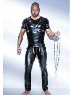 Powerwetlook-Shirt mit verstellbarem Harness aus Eco-Leather
