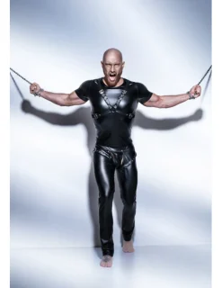 Powerwetlook-Shirt mit verstellbarem Harness aus Eco-Leather