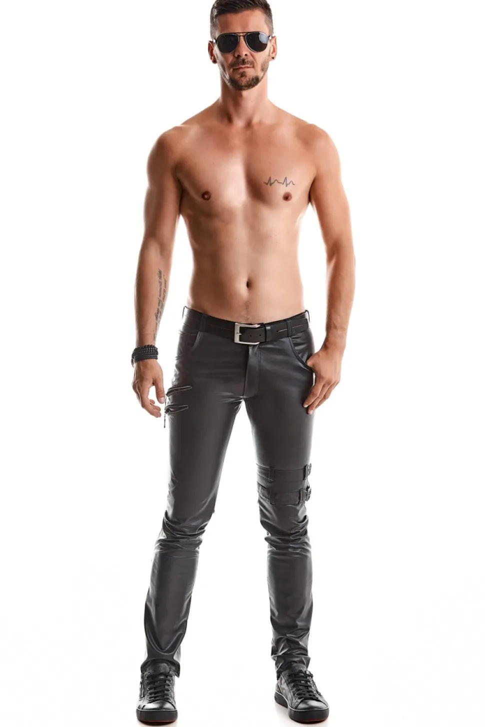 Wetlook Herren-Hose Slim-Fit Schnürrungen, Reißverschlüssen