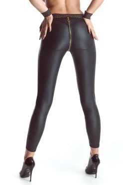 Wetlook Leggings mit goldenen Details und langem Reißverschluss