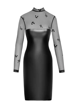 Wetlook Midikleid mit Schlitz und Netzstoff