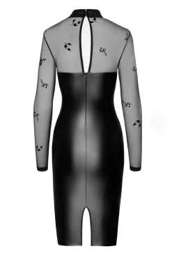 Wetlook Midikleid mit Schlitz und Netzstoff