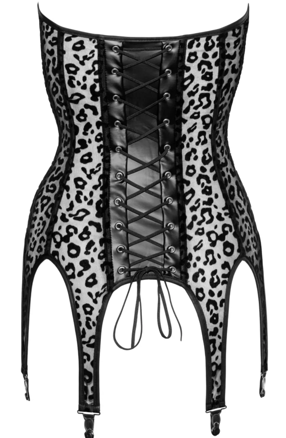 Wetlook-Mesh Strapshemd mit Leoparden Samtflockprint, dekorative Schnürung am Rücken und Haken-Verschluss Vorne